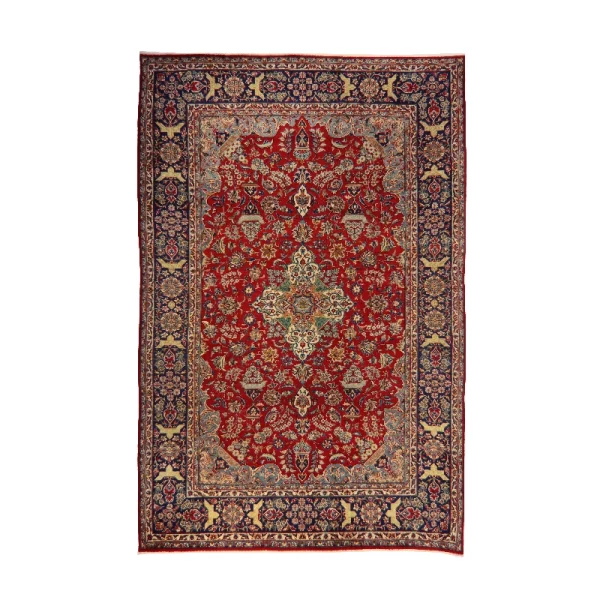 Persian-style red rug with a central medallion and ornate cream and blue border.