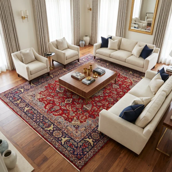 Elegant living room with beige sofas and chairs, wooden coffee table, and a red patterned rug under bright windows with sheer curtains.