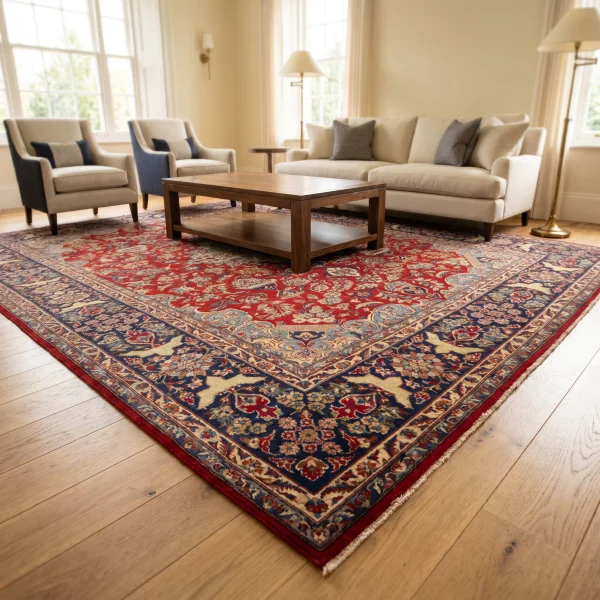 Living room with a large ornate red-and-blue rug, cream sofa, blue/gray chairs, and a wooden coffee table by windows with natural light.