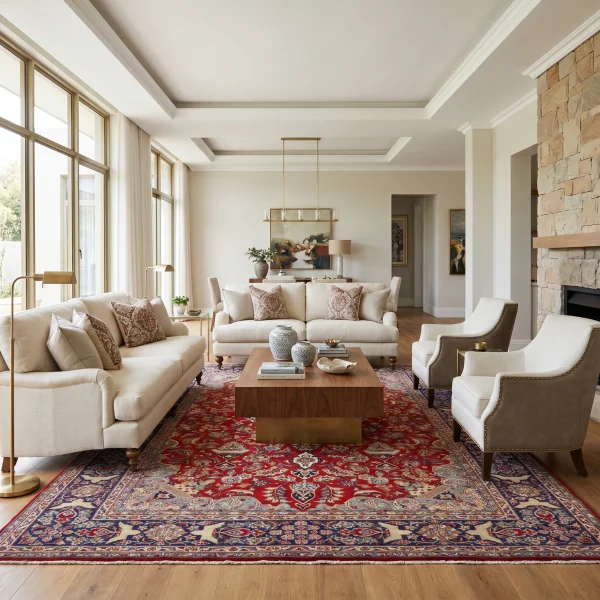 Bright living room with cream sofas, red Persian rug, and a stone fireplace on the right; large windows on the left letting in natural light.