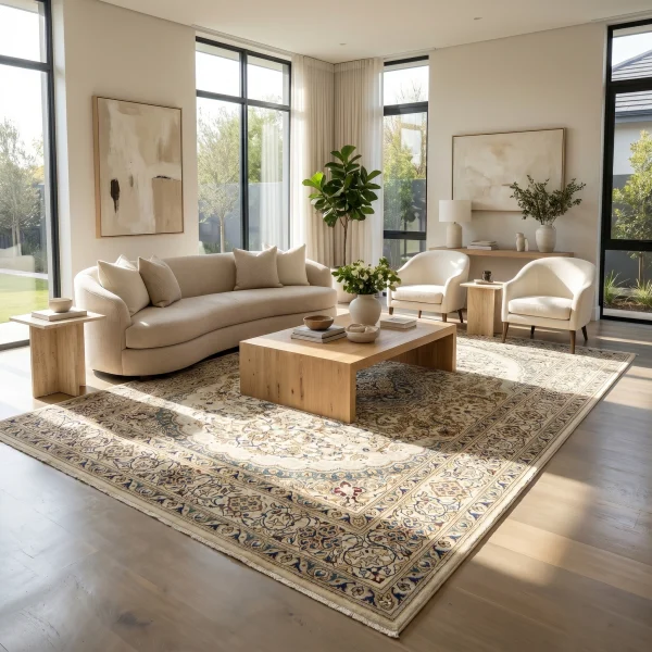 Bright, sunlit living room with a beige sofa, wooden coffee tables, and a large patterned rug. Floor-to-ceiling windows bring in greenery outside.