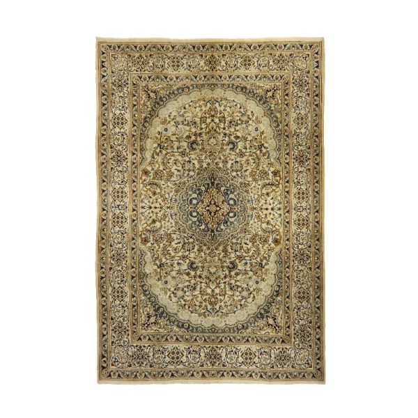 Ornate Persian-style rug with beige, navy, and gold patterns and a central medallion.