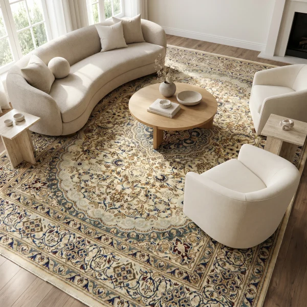 Cream curved sofa with neutral throw pillows on a patterned beige-blue area rug in a bright living room with large windows and a fireplace nearby.