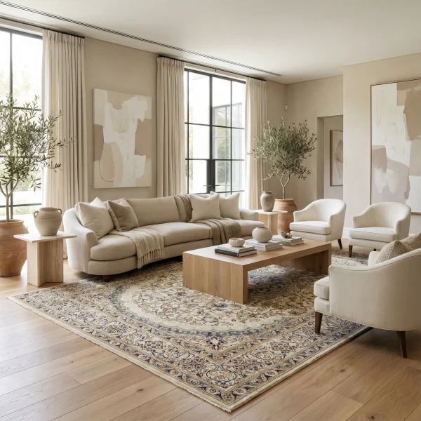Living room with a beige sectional, light wood coffee tables, a large patterned area rug, and tall green plants by windows.