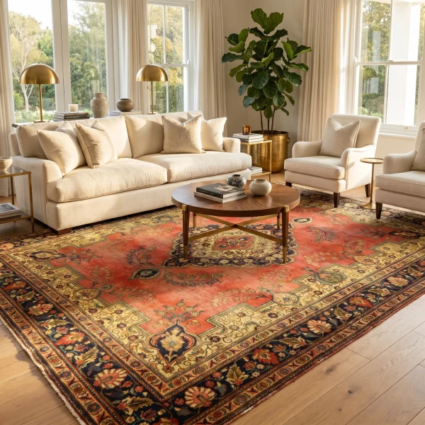 Living room with a large ornate red-and-navy oriental rug, cream furniture, and a tall leafy plant by a window.