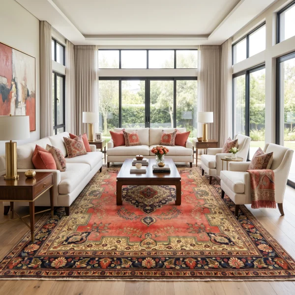 Living room with a large ornate red-and-beige rug, cream sofas, and wide windows with beige curtains.