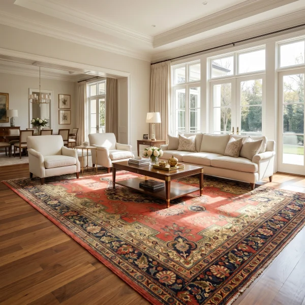 Elegant living room with a large ornate red area rug, cream sofas, a wooden coffee table, and tall windows letting in light.