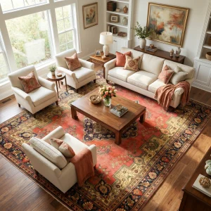 Bright living room with cream sofas and orange patterned cushions around a dark wood coffee table on a large oriental rug.