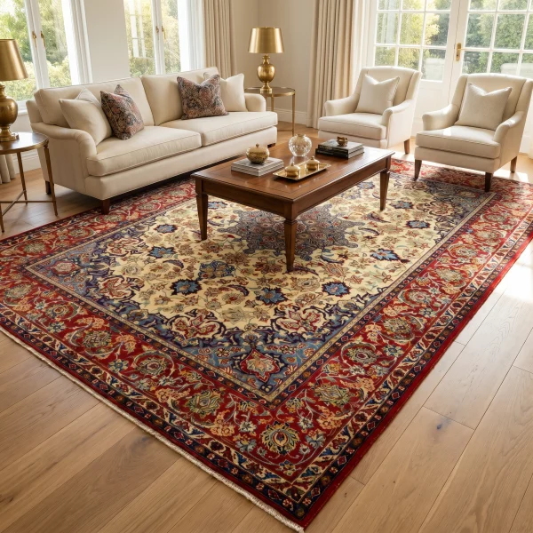 Living room with beige sofa and armchairs around a wooden coffee table on a large patterned red and blue rug, sunlit by windows.