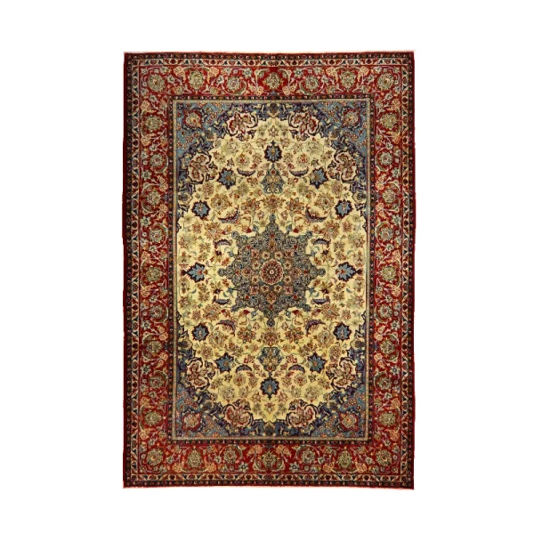 ornate Persian-style rug with a central medallion and beige field, surrounded by a red and blue floral border
