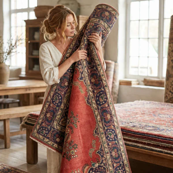 Woman in a white blouse holding and inspecting a large patterned rug indoors, near wooden furniture and bright windows.