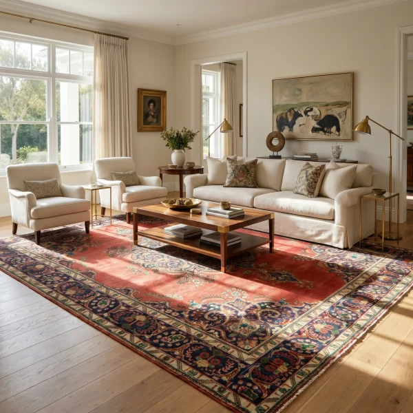 Bright, elegant living room with a large patterned red rug, beige sofas, and a wooden coffee table under soft natural light from expansive windows.