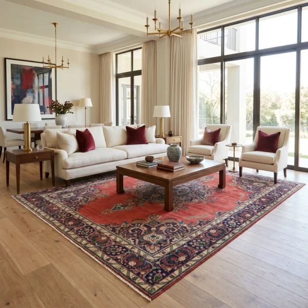 Living room with a large red oriental rug, cream sofas, wooden coffee tables, and gold chandeliers by floor-to-ceiling windows.