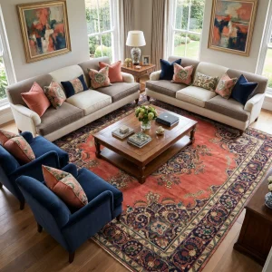 Living room with two beige sofas and colorful cushions around a wooden coffee table on a patterned rug.