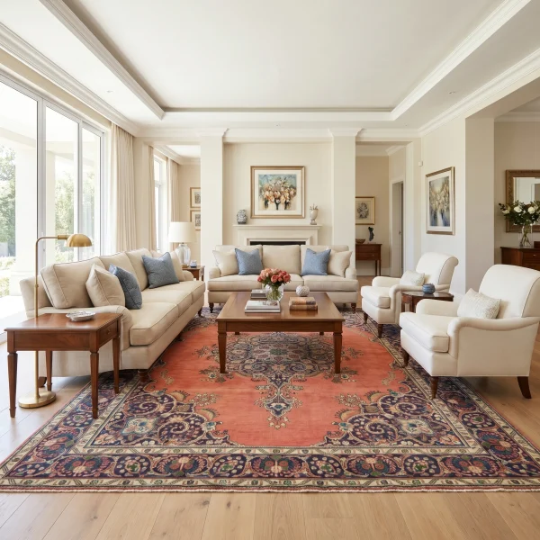 Bright living room with cream sofas, wooden coffee tables, and a large ornate rug, sunlit by expansive windows on the left.