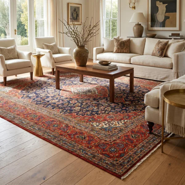 Living room with beige sofas, a wooden coffee table, and a large ornate red-blue rug; natural light from windows illuminates the space.