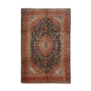 Persian-style rug with a dark central medallion and red, ivory, and blue floral borders.