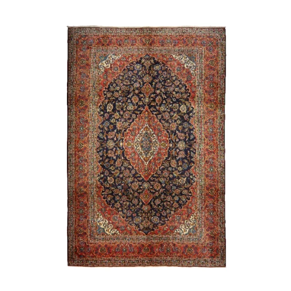 Persian-style rug with a dark central medallion and red, ivory, and blue floral borders.