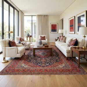 Bright living room with cream sofas, gold lamps, and a red patterned Persian rug under a wooden coffee table.