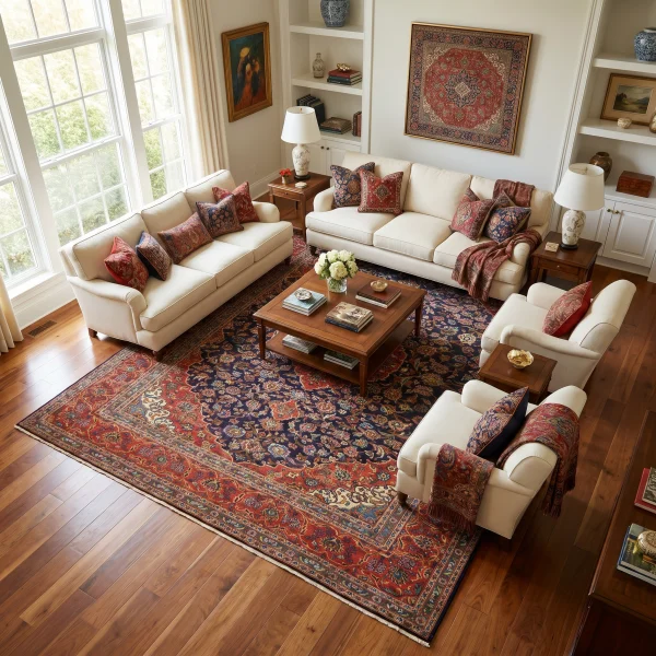 Cream-colored sofa seating with red patterned cushions, arranged around a wooden coffee table atop a large red Persian-style rug.