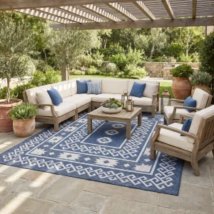 Outdoor lounge area with a beige sectional and blue pillows under a wooden pergola on a blue geometric rug