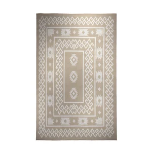 Beige area rug with a white geometric border and diamond motifs in the center.