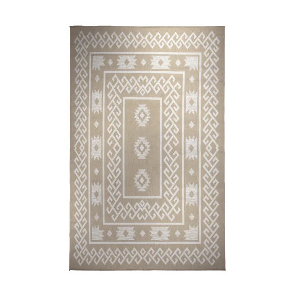 Beige area rug with a white geometric border and diamond motifs in the center.