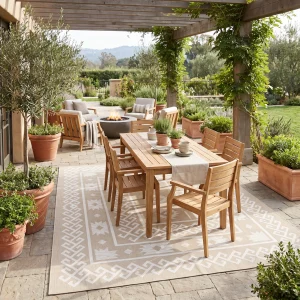 Outdoor patio with wooden dining table and chairs around a fire pit under a pergola covered in greenery. Tall potted plants line the edges and a scenic garden view beyond.