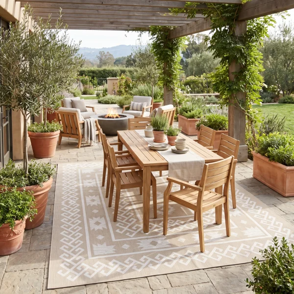 Outdoor patio with wooden dining table and chairs around a fire pit under a pergola covered in greenery. Tall potted plants line the edges and a scenic garden view beyond.